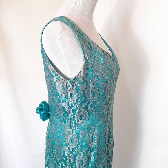 80s Handmade Teal Green Vtg Prom Lace Overlay Dress and Mermaid Hem - Picture 3 of 10